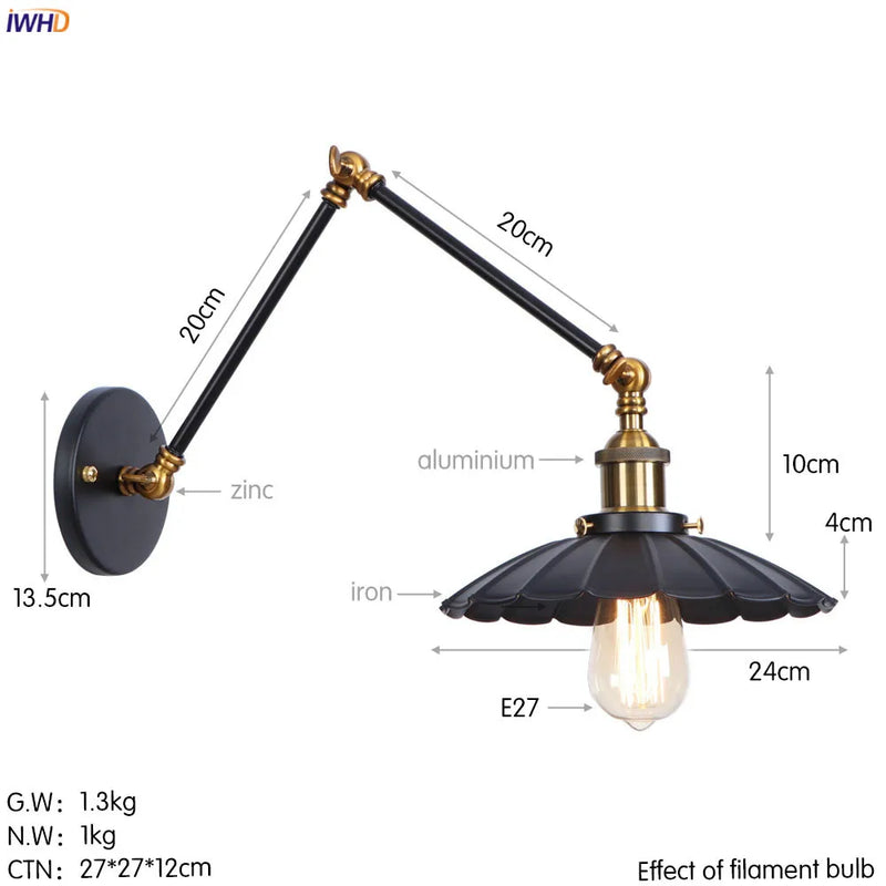 Applique murale industrielle vintage Limalia, bras oscillant réglable, lampe Loft Edison.WinControls