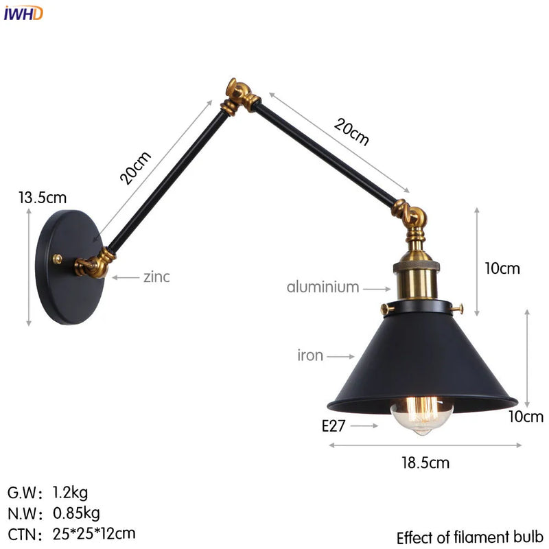 Applique murale industrielle vintage Limalia, bras oscillant réglable, lampe Loft Edison.WinControls