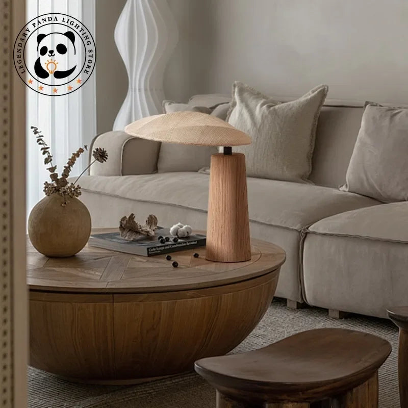 Lampe de table Limalia en bois massif avec abat-jour en verre coquillage LED, idéale pour décoration intérieure.