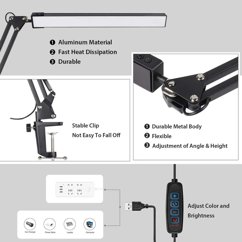 Lampe de bureau BLED ajustable à pince Limalia: design moderne, 3 modes d'éclairage pour un confort optimal.